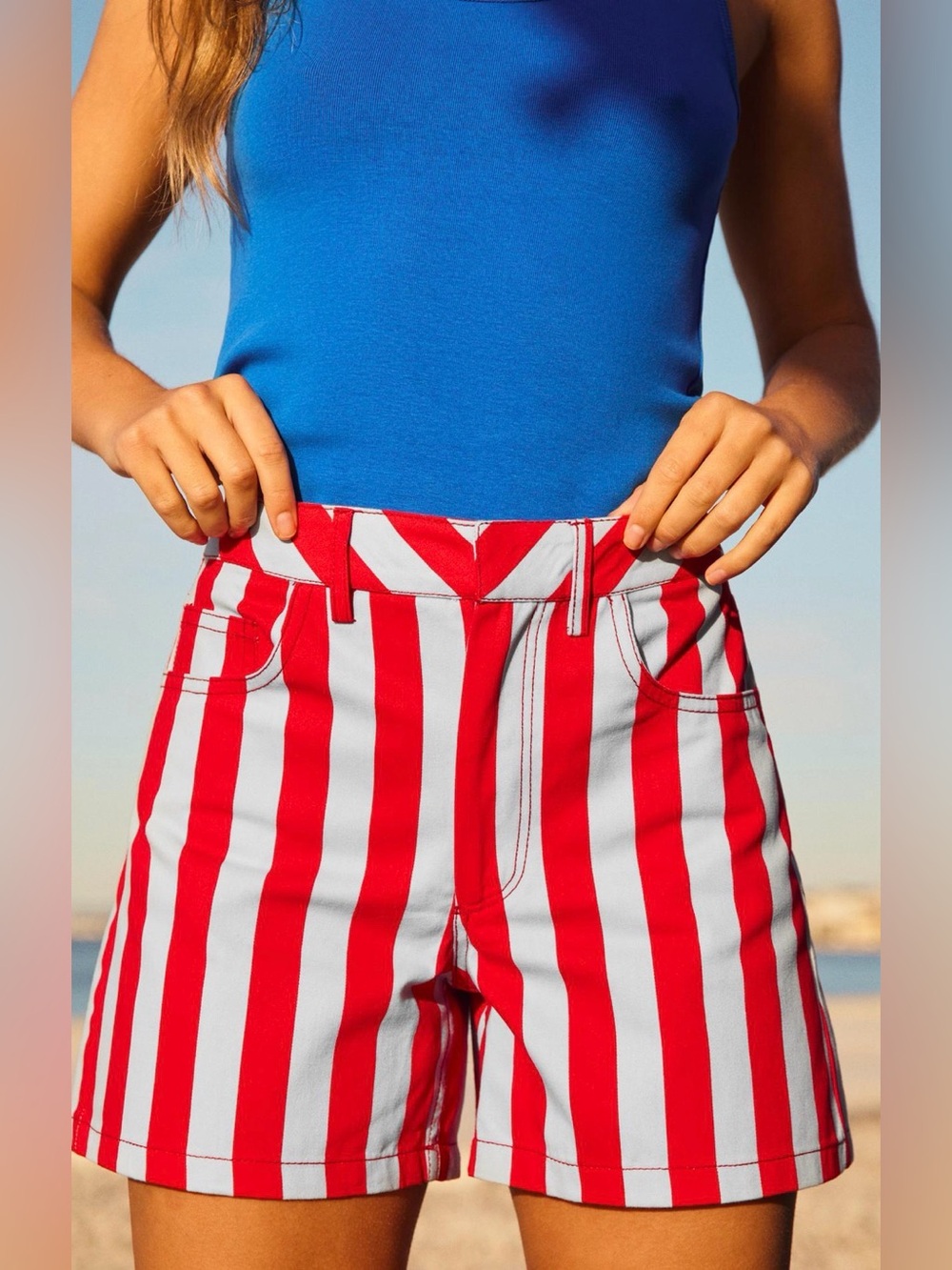Zara Red and White Striped Women's Bermuda Shorts